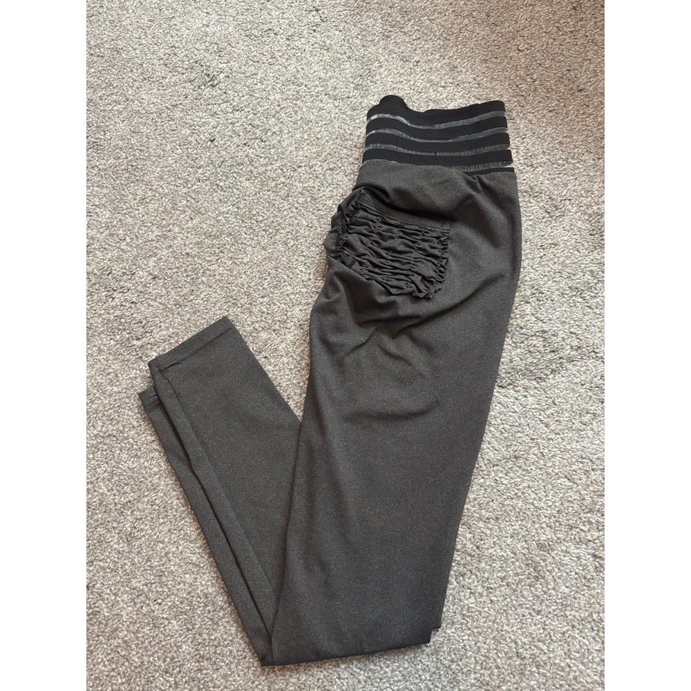BYOH Women Gray High Waist Mesh Striped Ruffle Back Pocket Gym Leggings Small